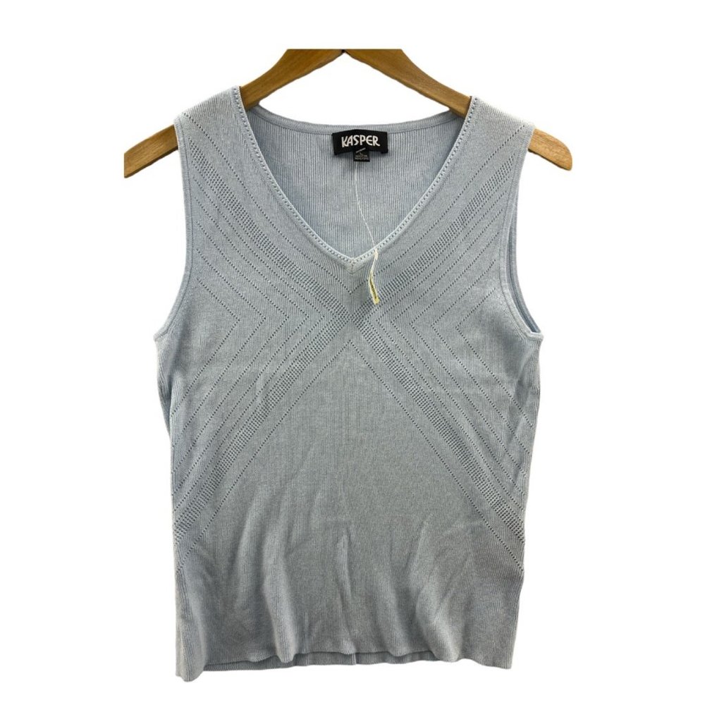 Kasper Womens Tank Top Blue Geometric V Neck Eyelets Pullover L New